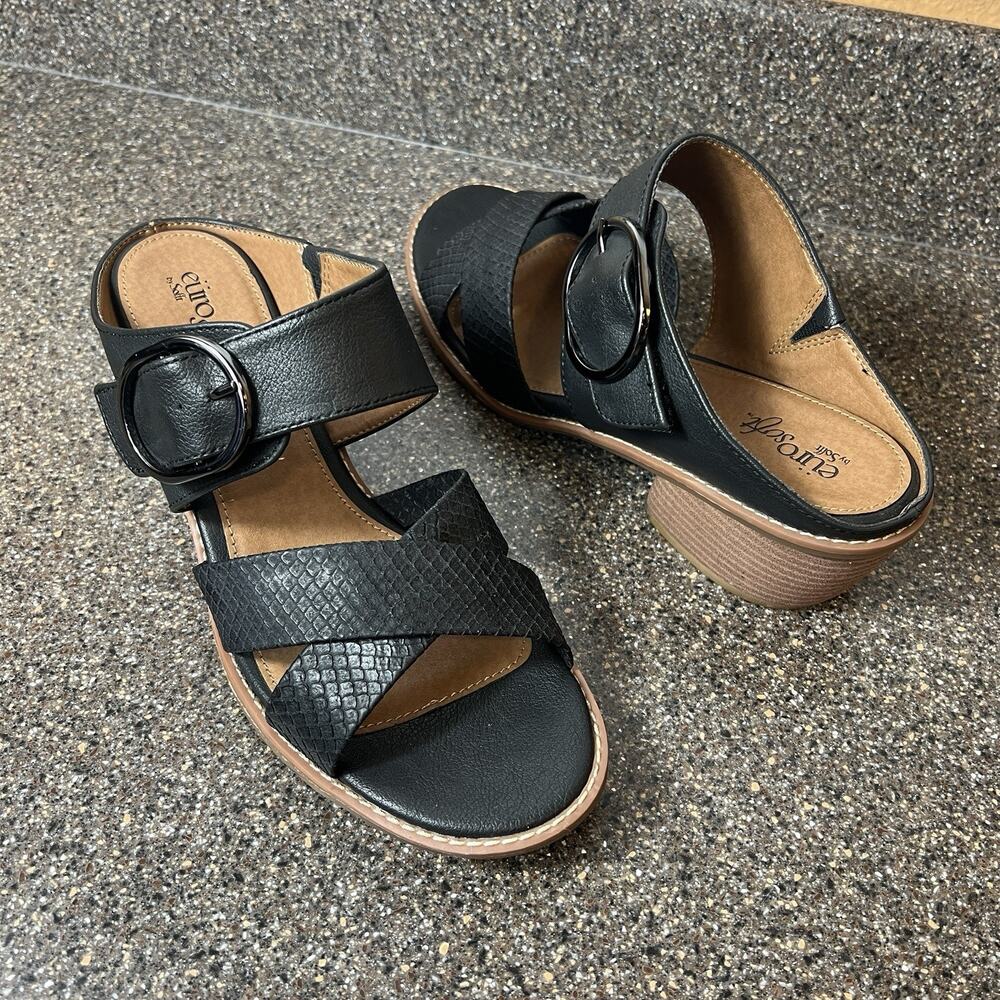 Sofft Euro Soft Slip On Sandals Womens 11M Black Faux Leather Comfort Casual New